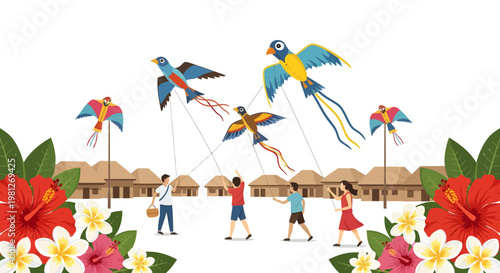 people flying colorful kites on beach with tropical flowers