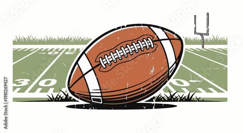 Distressed American football on a field with yard lines and goalposts