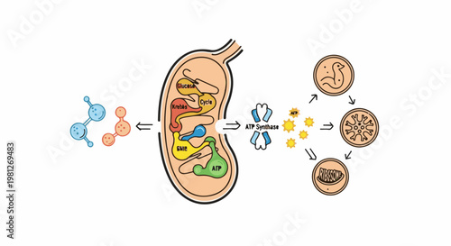 Diagram illustrates cellular respiration processes within a mitochondrion and ATP generation