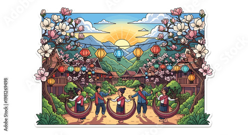Vibrant illustration of people rowing boats under blooming flowers and lanterns