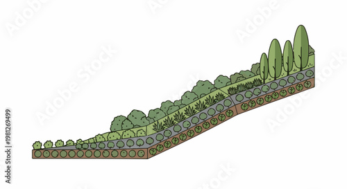 Diagram illustrating layered landscaping with various trees and shrubs