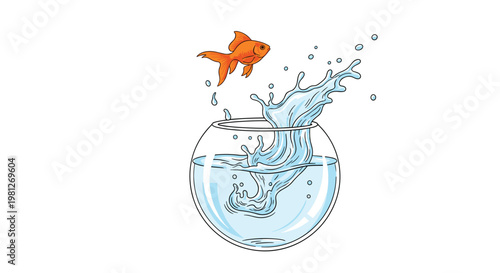 A detailed orange goldfish jumps out of a round glass bowl creating a large and dynamic water splash with numerous scattered droplets on white background.