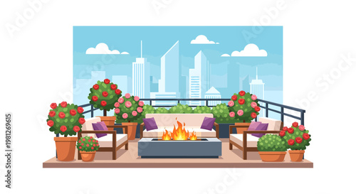 rooftop garden with fire pit and city skyline view