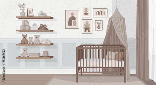 Cozy nursery with a crib, stuffed animals, and abstract art