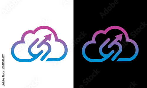Two colored cloud icons with arrows on black and white backgrounds