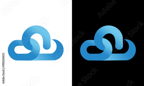 A stylized blue infinity symbol illustration on white and black backgrounds