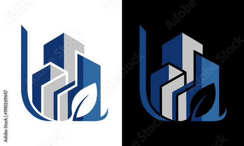 A graphic designer creates an abstract logo with geometric shapes and leaves on white and black backgrounds.