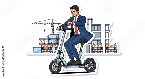 Businessman riding electric scooter in front of construction site