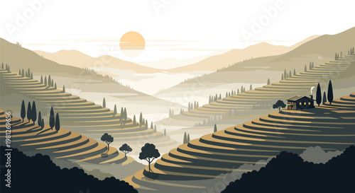 Meticulous pixel art illustration depicts sprawling terraced hillsides bathed in warm sepia tones during a serene sunset over a tranquil rural valley landscape.
