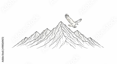 Eagle soars above majestic, snow-capped mountain peaks in illustrative style