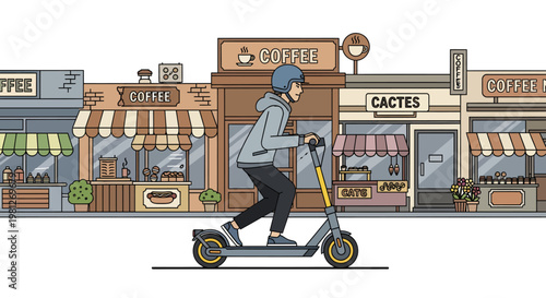 person riding electric scooter in front of cafes and shops