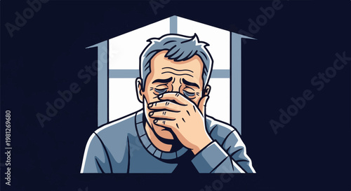 Distressed elderly man with grey hair, hand over mouth