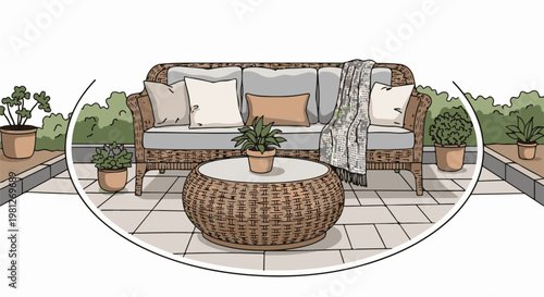 Cozy outdoor seating area with wicker furniture and potted plants