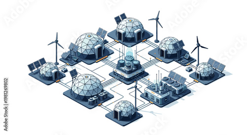 A sophisticated futuristic colony consists of several geodesic domes interconnected by walkways and powered by sustainable solar panels and wind turbines.