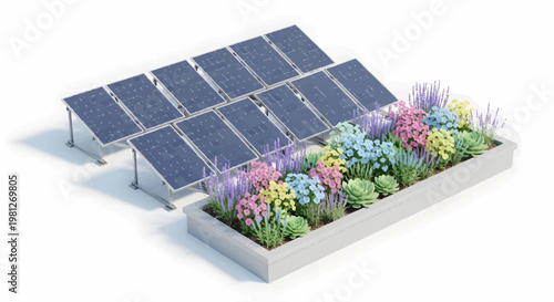 Solar panels with colorful flowers and green plants