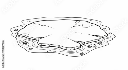 Cracked ice floe floating in swirling water with small ice chunks