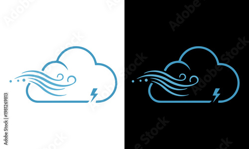 Weather forecast illustration shows a stormy cloud with lightning and wind blowing.