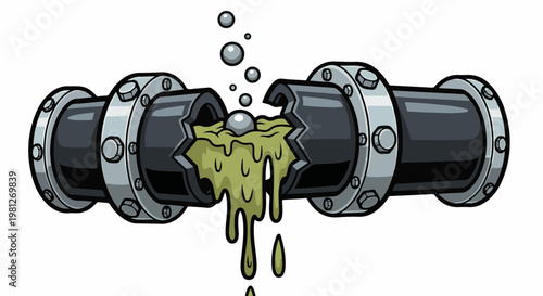 Cracked pipe leaking noxious green fluid and bubbles