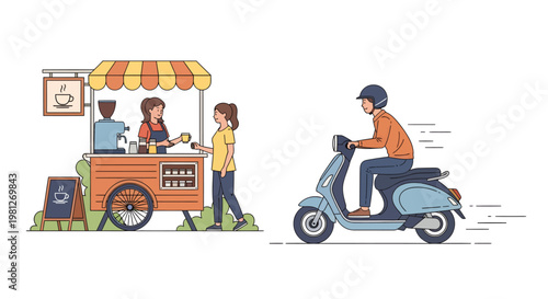 People riding scooter near food cart with customers