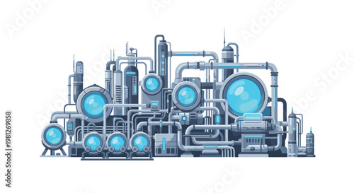 A complex network of industrial pipes and metallic tanks features vibrant blue glowing circular windows within a meticulously detailed mechanical factory.