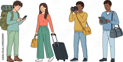 Travel and tourism character vector set, diverse travelers with luggage backpacks and devices, flat illustration for vacation planning booking app airport journey and lifestyle design