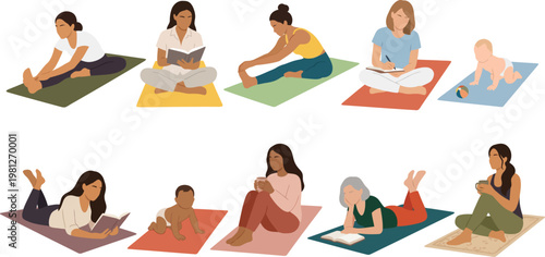 Top view park picnic vector scene, diverse people relaxing on mats, flat minimalist outdoor lifestyle illustration, summer leisure, friendship, recreation and nature gathering infographic design