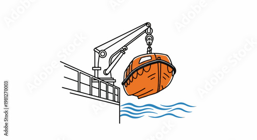 Crane lowering a bright orange lifeboat towards blue waves