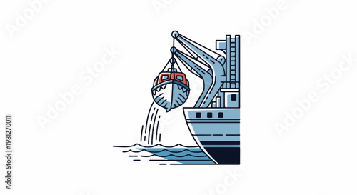 Crane ship lowering a small vessel into wavy blue ocean water