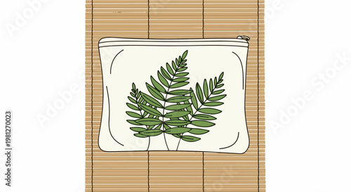 Cream zipper pouch with green fern leaves on a bamboo mat