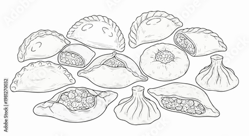 Diverse assortment of filled dough pastries, hand-drawn illustration