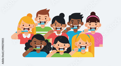 Diverse children brushing teeth with bright smiles and toothpaste foam