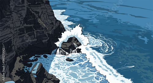 Crashing waves against dark, rocky cliffs under a vast blue ocean