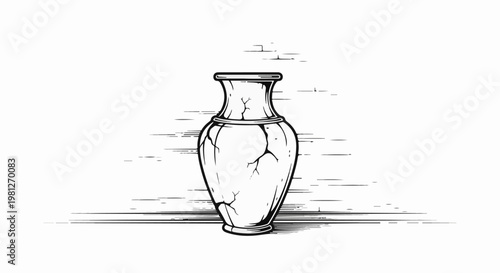 Cracks adorn an antique amphora-shaped vase, standing against a brick background