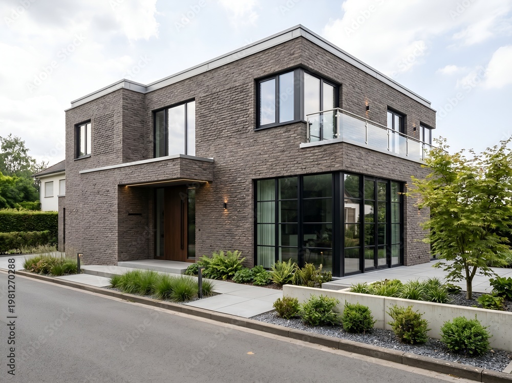 Fototapeta premium Modern House with Grey Brick Facade and Contemporary Design