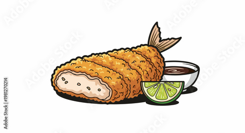 Crispy fried shrimp with dipping sauce and lime slice