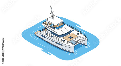 This sophisticated isometric illustration showcases a white power catamaran with a wooden deck floating gracefully on a vibrant blue water surface for travel concepts.
