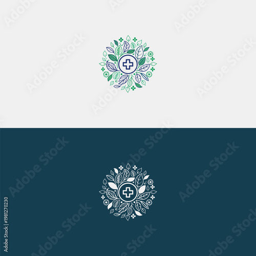 A lively colorful outline logo showcases a medical cross encircled by a flourishing wreath of green and blue leaves.