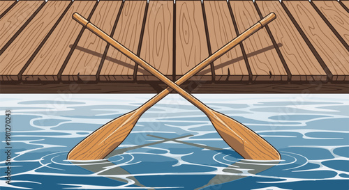 Crossed wooden oars rest in rippling water beside a wooden dock