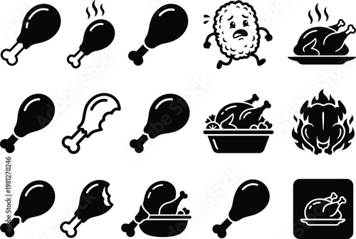 Chicken food icon set, drumstick and BBQ meal silhouettes, grilled fried roasted chicken icons with plates flame and spicy symbols, vector illustration for restaurant menu delivery app and packaging