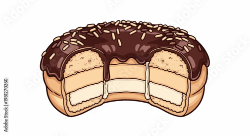 Cross-section of a layered donut with chocolate glaze and sprinkles
