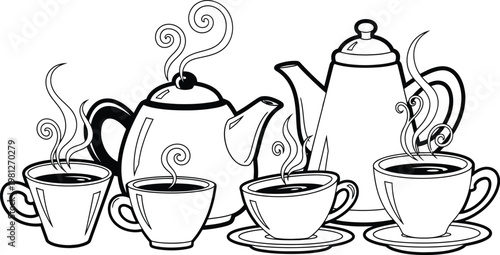 Classic tea set with steaming teapots and cups in a cozy illustration Vector