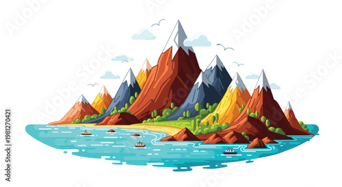 A vibrant flat vector illustration showcases majestic colorful mountain peaks towering over a serene turquoise ocean with several small white boats sailing nearby.