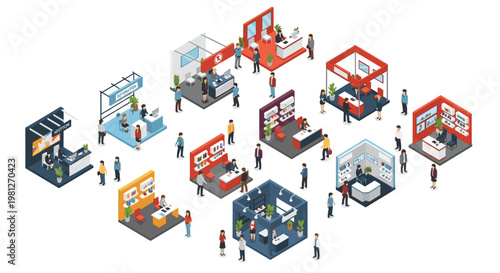 This detailed isometric graphic presents several modern exhibition stand designs featuring vibrant color accents and professional people interacting in a clean space.