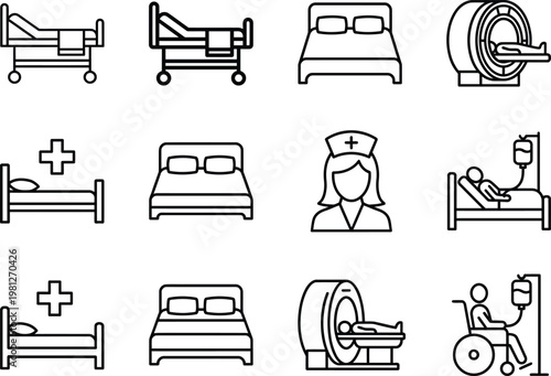 Medical hospital icon set, line and silhouette healthcare symbols with beds nurse MRI scanner patient wheelchair and stretcher, clean outline vector icons for clinic UI UX app and infographic design