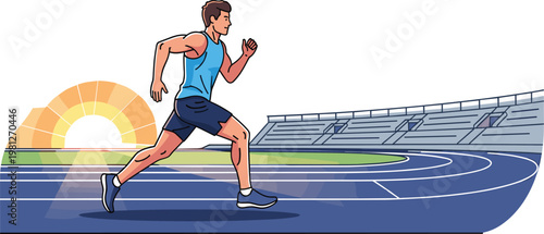 Male athlete running on stadium track during sunrise training session with speed motion and fitness concept illustration