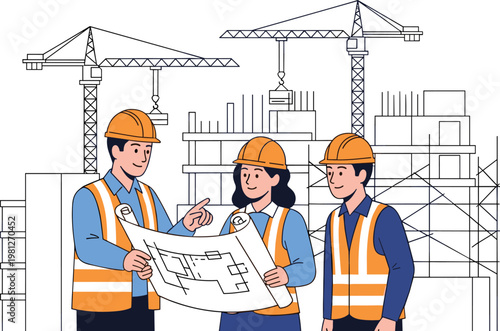 Construction workers discussing building blueprint at construction site with cranes and unfinished structure in engineering project environment