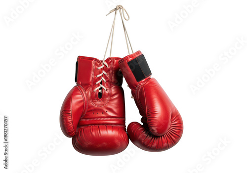 Red boxing gloves hanging by laces isolated on transparent background