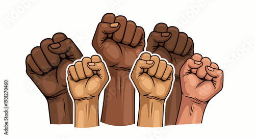 Diverse fists raised together symbolizing unity and protest