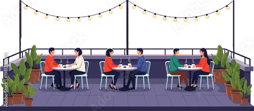 Foto People dining at outdoor restaurant terrace with couples sitting and talking fla