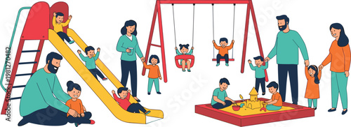 Children playing in playground with parents slide swing and sandbox flat vector illustration family activity scene